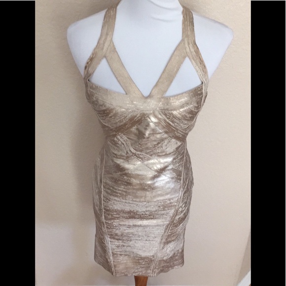 Herve Leger Dresses | Herve Leger Gold Blush Short Bandage Dress Size S | Color: Gold/Tan | Size: S | Misslelena321's Closet